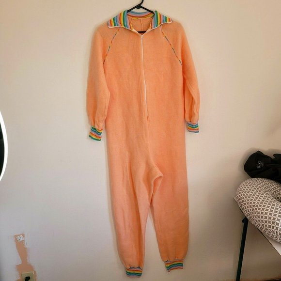 Vtg 70's SEARS JR BAZAAR Womens PAJAMAS Fleece Footie USA One pc. Rainbow M-Tall